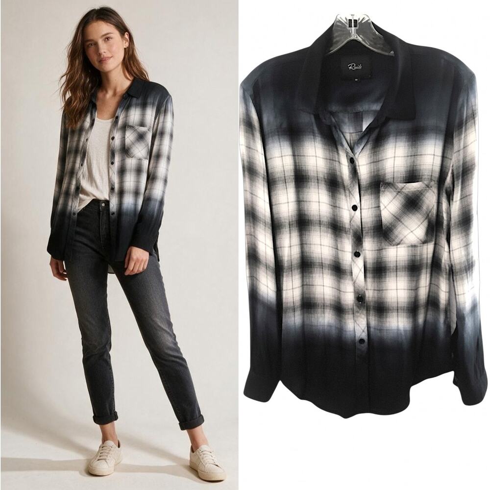 Rails Ombre Plaid Button Up Shirt Womens Medium Hunter Smoke Dip Dye Flannel